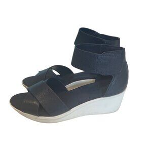 Navy Leather Riviera Wedge Sandals With Ankle Strap Size 7M Comfort Timeless Adj